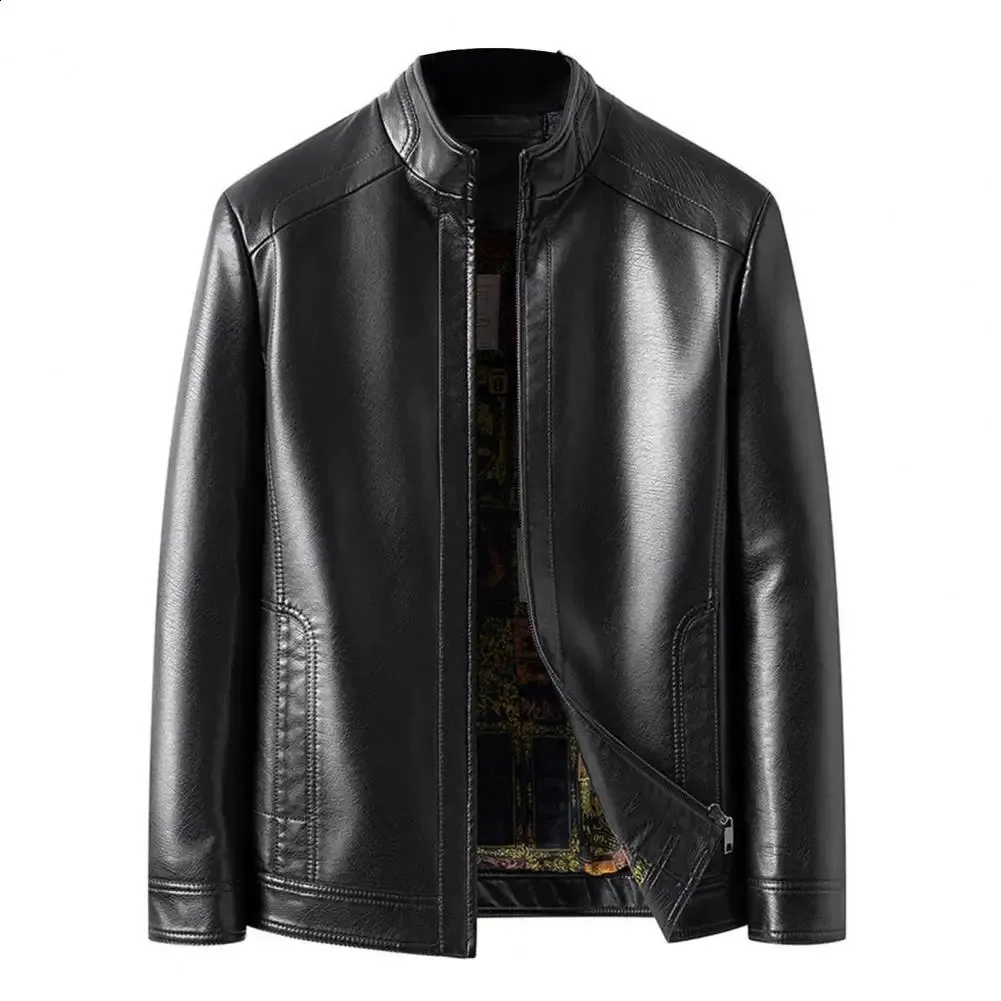 Mens Faux Leather Jacket with Stand Collar & Zipper