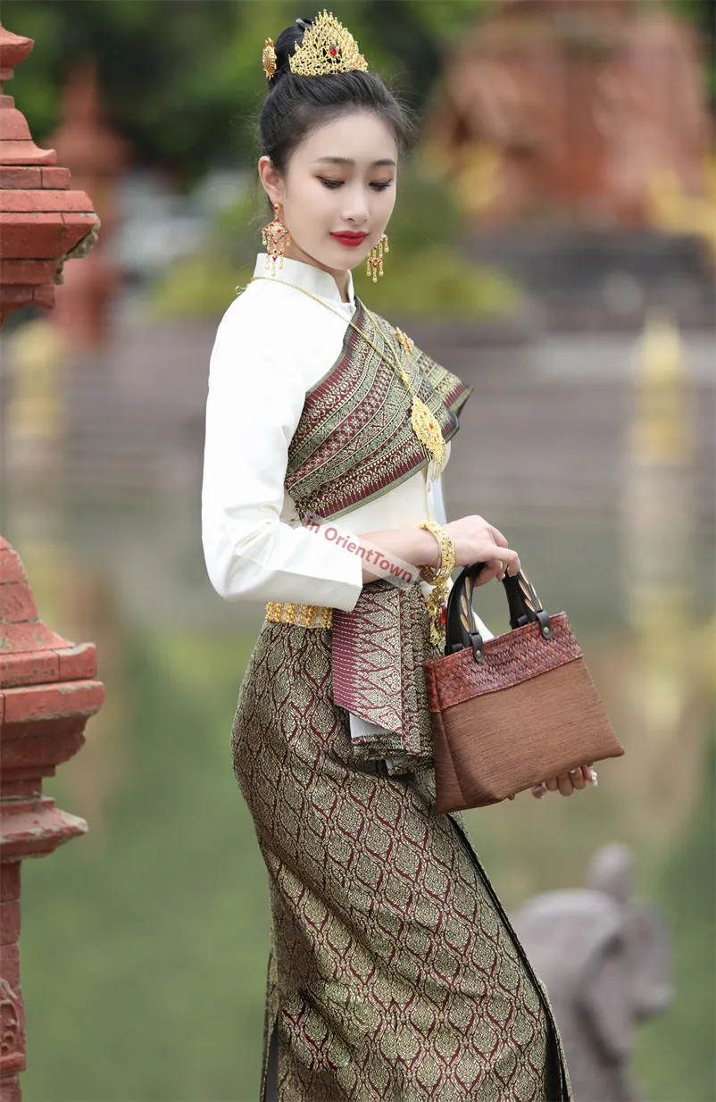 Thailand Yunnan Ethnic Minority Dai Race Clothing Festival Tops Shawl Skirt  Summer Slim Casual Dress in Silk Linen Cotton