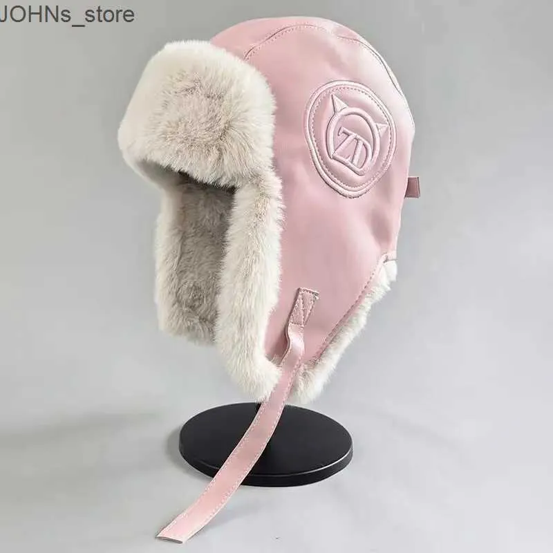 Pink Russian Fur Leather Trapper Hats Warm Winter Trapper Hat Mens