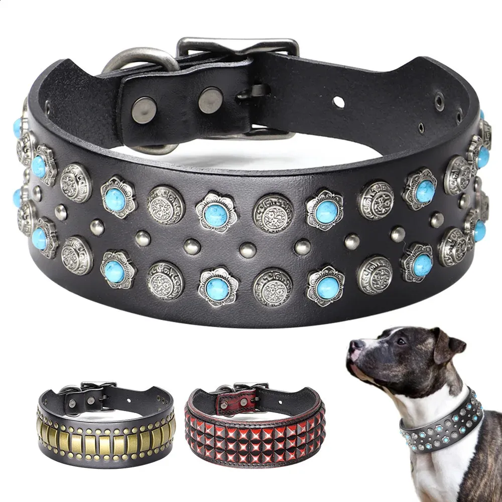 Spike Leather Dog Collar Inch Wide Durable Pet Necklace With