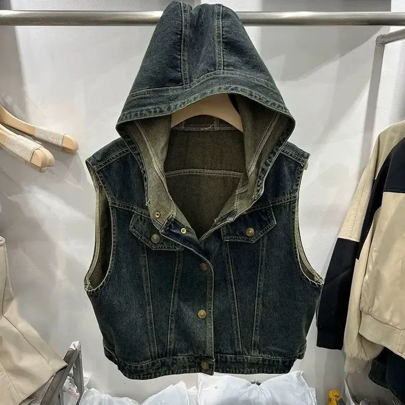 2024 Fashion Emo Denim Vest Sleeveless Hooded Jacket for Men and Women