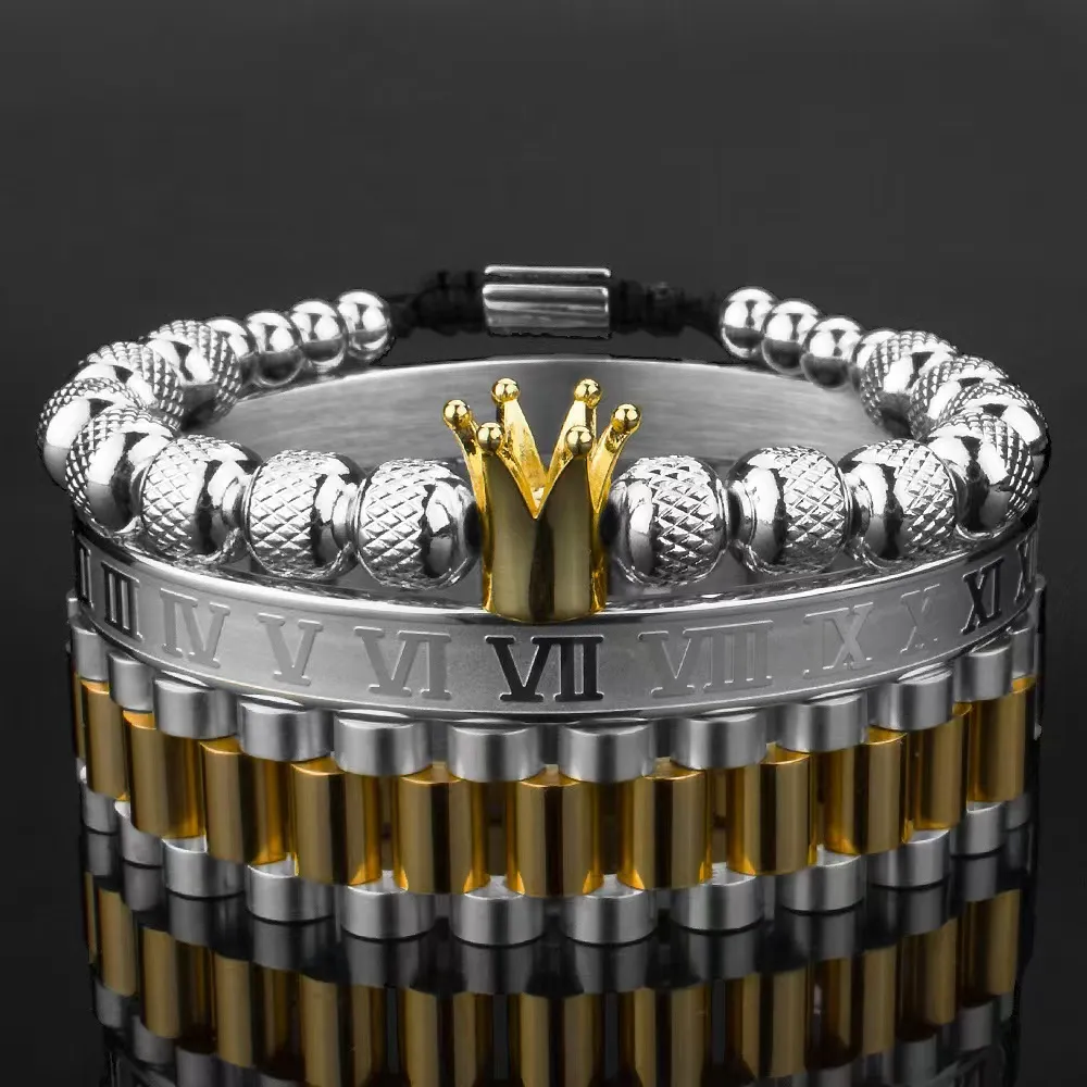3-Piece Set Luxury CZ Imperial Crown Bracelets For Men - Adjustable, Copper, Beaded