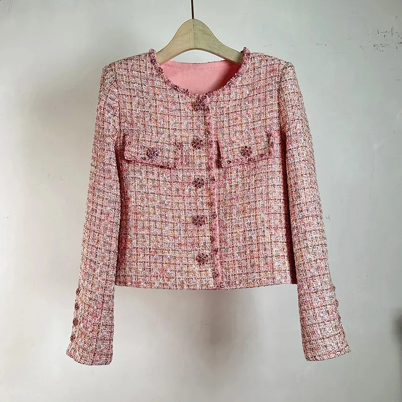 Pink Tweed Jacket with Beaded Detail Womens Long Sleeve O-Neck