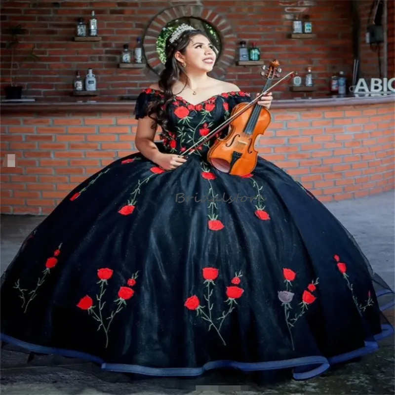 Black Charro Mexican Quinceanera Dresses Off Shoulders Rose Embroidery Debutante Vestido de 15 Xv Anos Puffy Gothic Vestio de Novia Princess Birthday