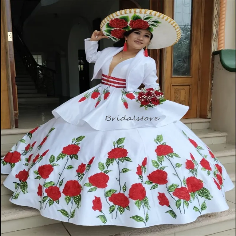 Vintage Mexican Charro Quinceanera Dress With Jackets Two Pieces Short Vestio de 15 Anos Para Xv Embroidery 2 in 1 Birthday Party Gown Elegant Robe de