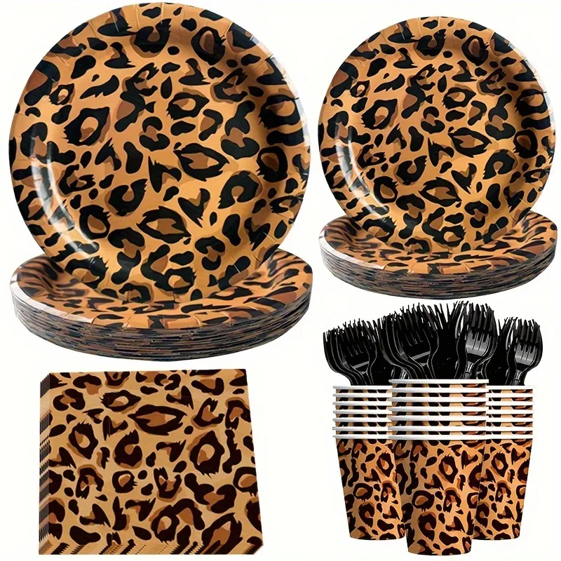 Leopard Print Disposable Tableware Set 84-Piece: Perfect for Parties ...