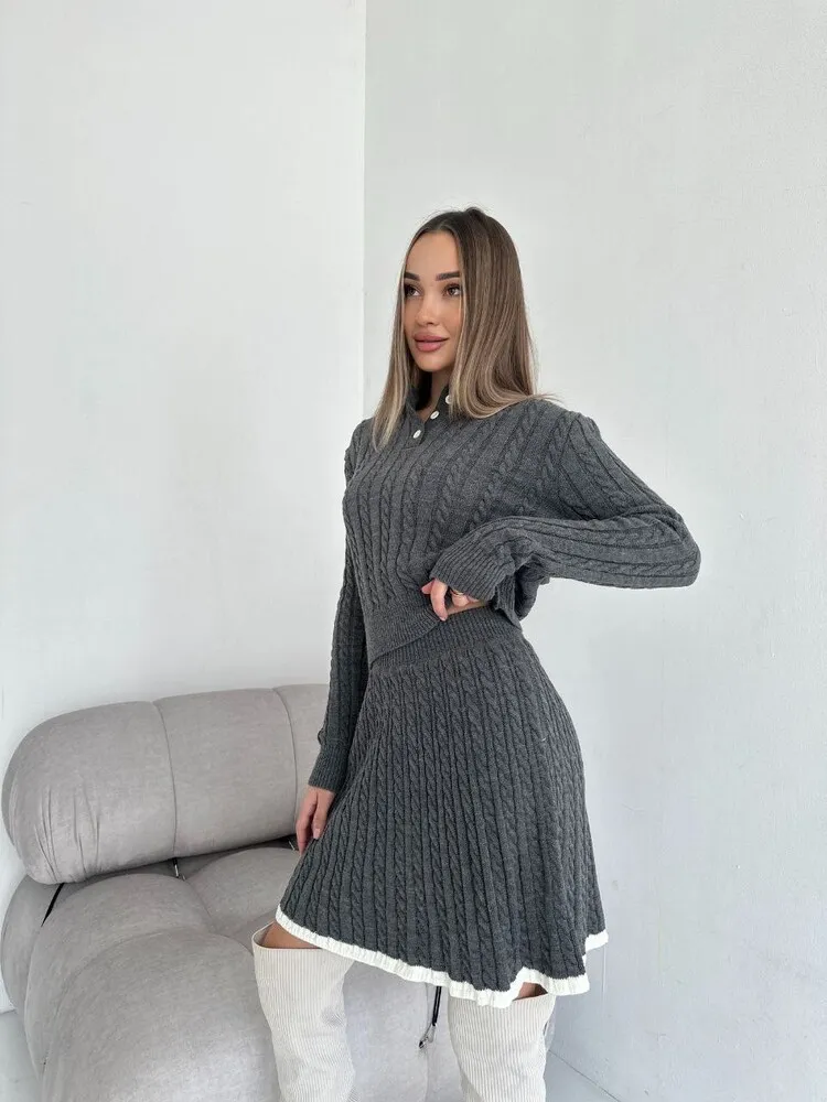 grey two piece dress Metallic satin rumpled textured two-piece dress  almony