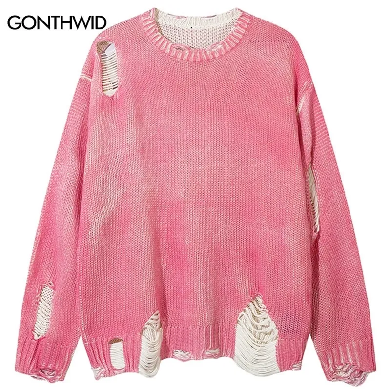 Men's Vintage Y2K Grunge Knitted Sweater - Ripped Holes, Solid Plain, Hip Hop Punk Gothic, Long Sleeve, Pink Men's Vintage Y2K Grunge Knitted Sweater - Ripped Holes, Solid Plain, Hip Hop Punk Gothic, Long Sleeve, Pink
