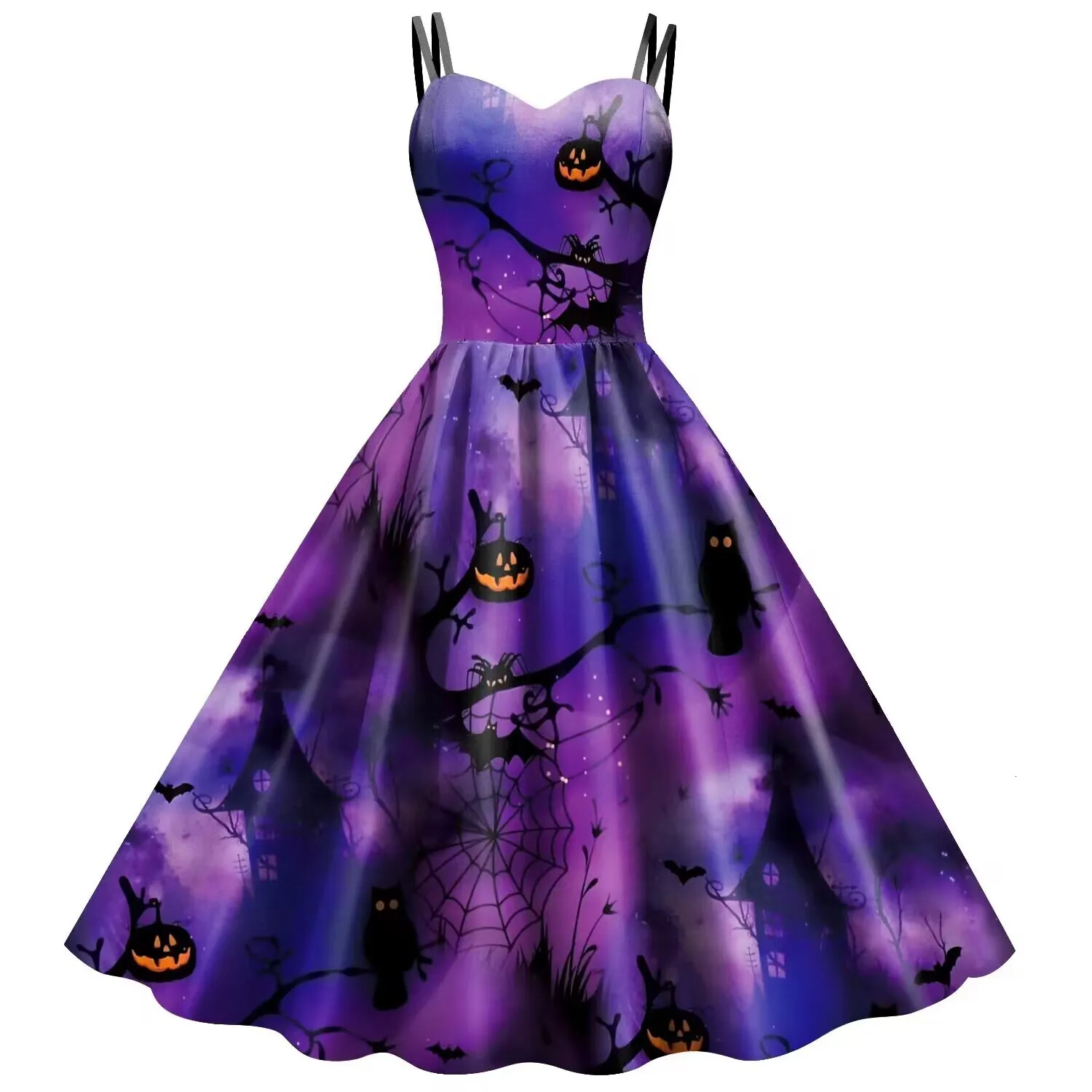 chinese dress ladies Zapaka Women Black Halter 1950s Dress A Line Halloween Pumpkin Printed  Vintage Dress  ZAPAKA NZ