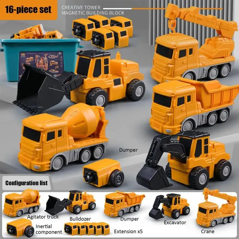 Construction Car Carrier Toys Set For 3 4 5 6 Years Old Toddlers Boys & Girls Gift, 4 Small Cartoon Cute Cars Trucks Crane Mixer Excavator Dump, Sound And Light Big