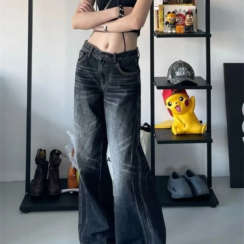 Black Grunge Y2K Oversized Denim Jeans for Women - Baggy Retro
