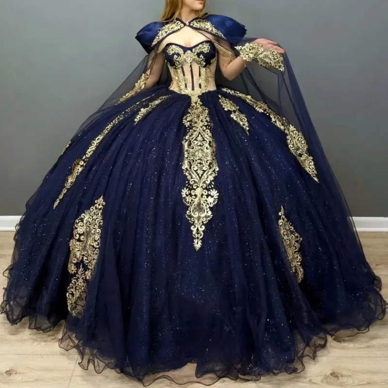 Navy Blue Ball Gown Quinceanera Dress with Cape, Sequined Gold Appliques,  Crystal Beads, Lace, and Tulle Floor-Length Sweetheart Neckline from Dhgate  Quinceanera Dresses - price 301.43