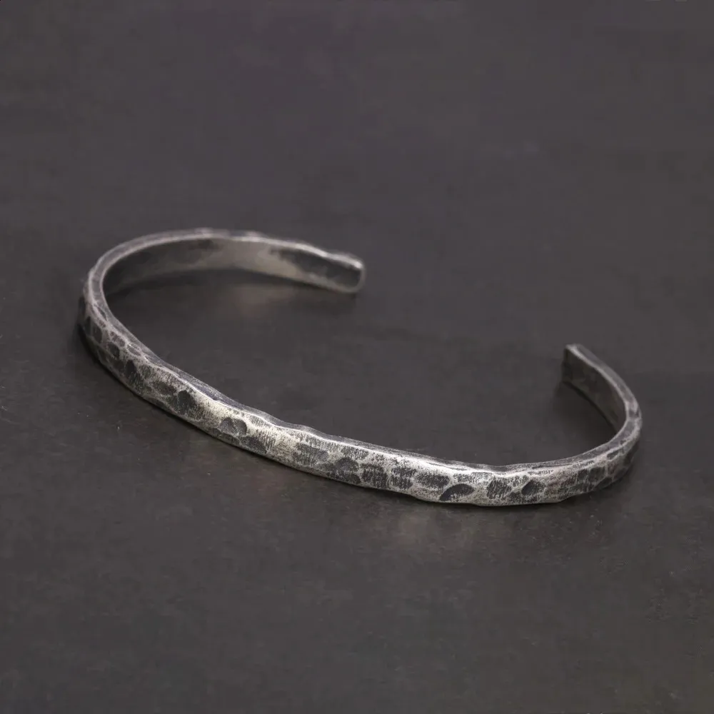 925 Sterling Silver Hammered Vintage Punk Bracelet Bangle - Viking