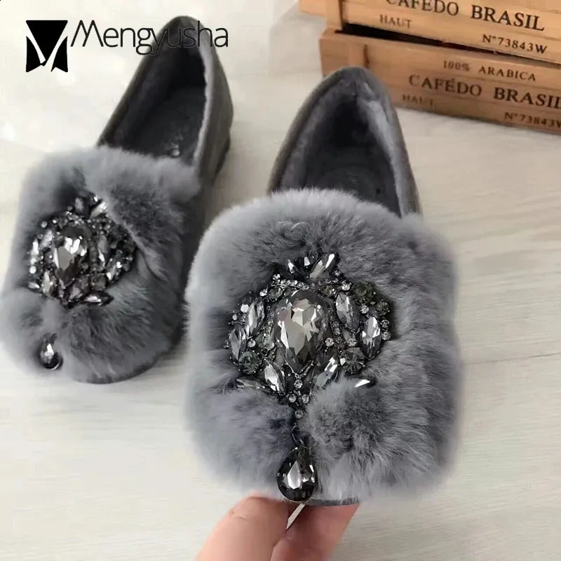 Women's Real Rabbit Fur Rhinestone Flat Slippers Warm Winter Plush Roller  Coaster Design
