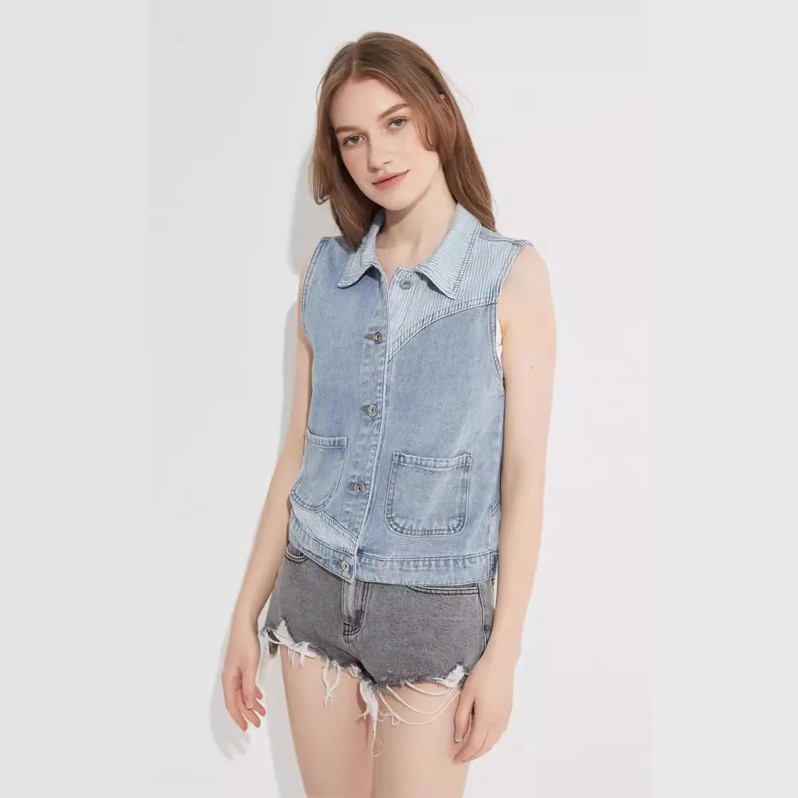 Chaleco De Mezclilla Para Mujeres Fit Slim, Patchwork Rayados, Top