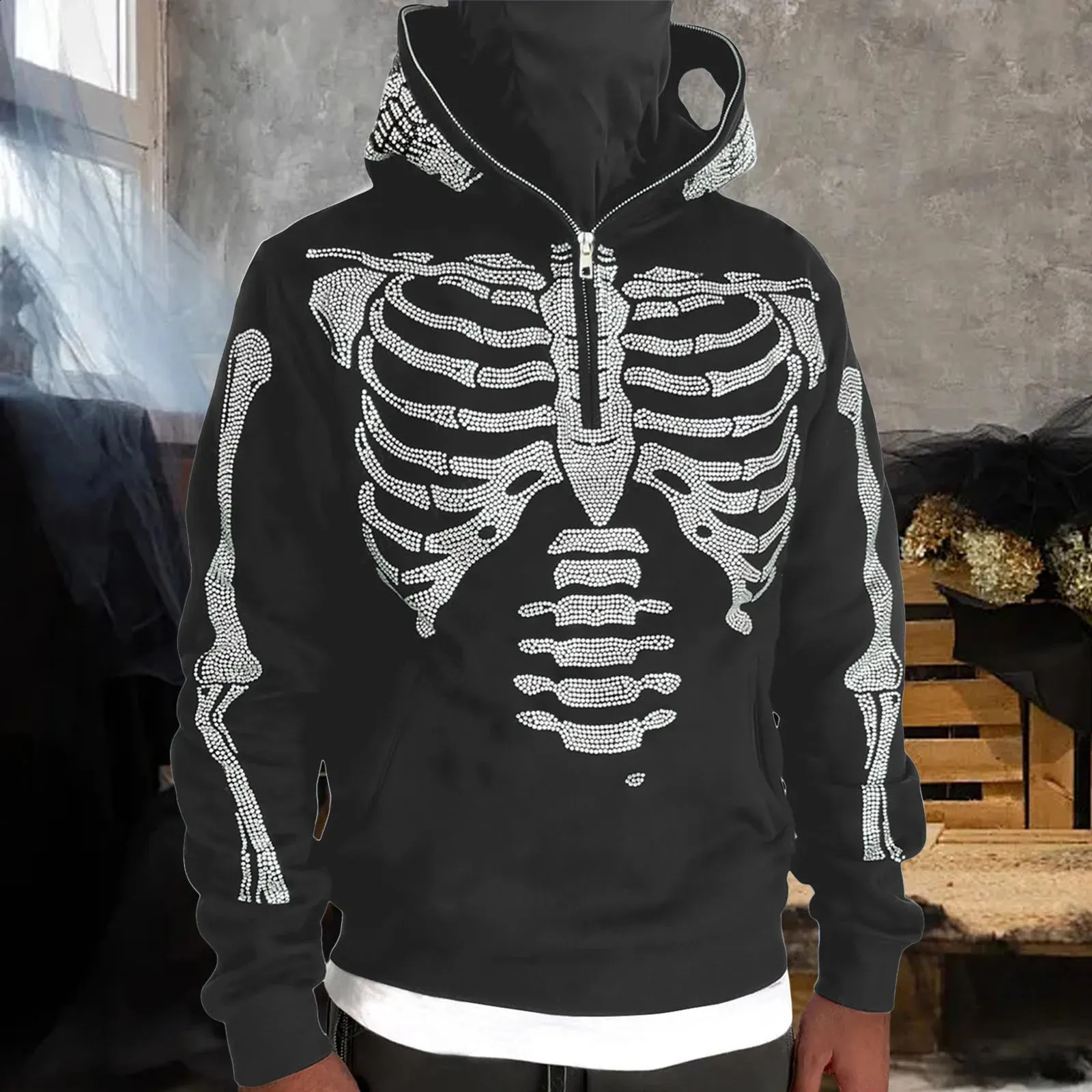 Y2K Rhinestone Skeleton Hoodie - Unisex Harajuku Half-Zip Loose Couple Hoodie, Heavy Fashion Trend Y2K Rhinestone Skeleton Hoodie - Unisex Harajuku Half-Zip Loose Couple Hoodie, Heavy Fashion Trend