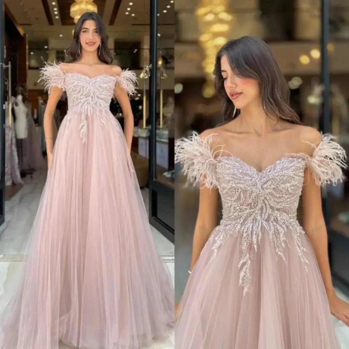 Off Shoulder Dusty Pink A Line Feather Evening Dress... From Bestonesell,  $180.91