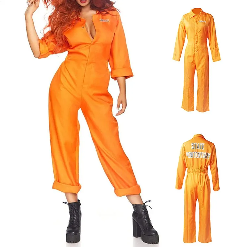 Orange Prisoner Costume For Women Escaped Jail Jumpsuit Men Inmate