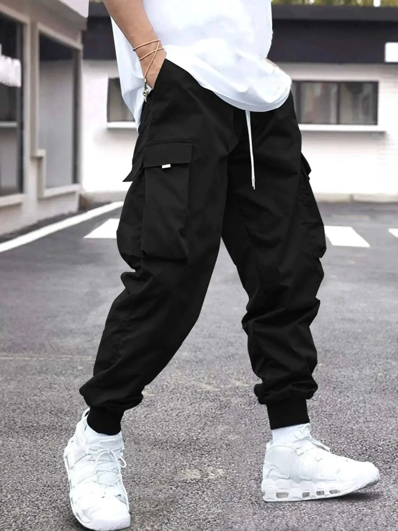 Mens Cargo Pants with Flap Pockets, Drawstring Waist