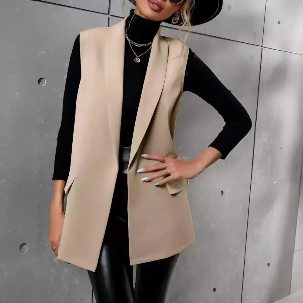 GIBZ Blazer Femme Sans Manches Veste Costume Devant Ouvert Col Revers Coloré Uni Avec Poches Pour Le Travail Et Le Bureau Beige S
