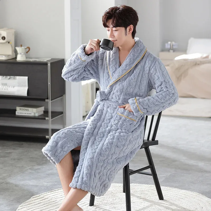 Mens Plush Flannel Bathrobe Warm, Thick Coral Fleece Kimono for