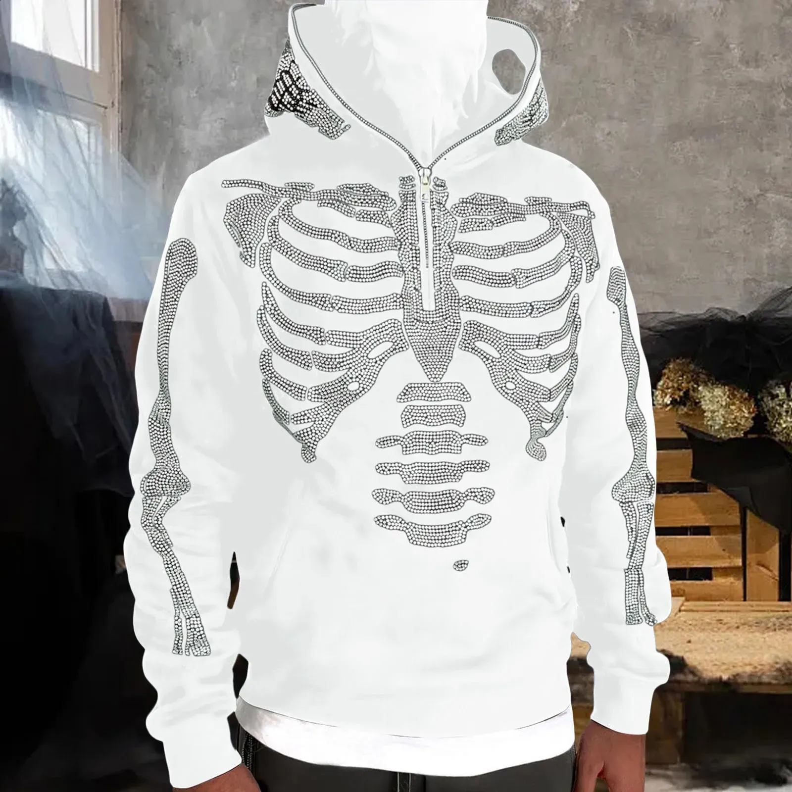 Y2K Rhinestone Skeleton Hoodie - Unisex Harajuku Half-Zip Loose Couple Hoodie, Heavy Fashion Trend Y2K Rhinestone Skeleton Hoodie - Unisex Harajuku Half-Zip Loose Couple Hoodie, Heavy Fashion Trend