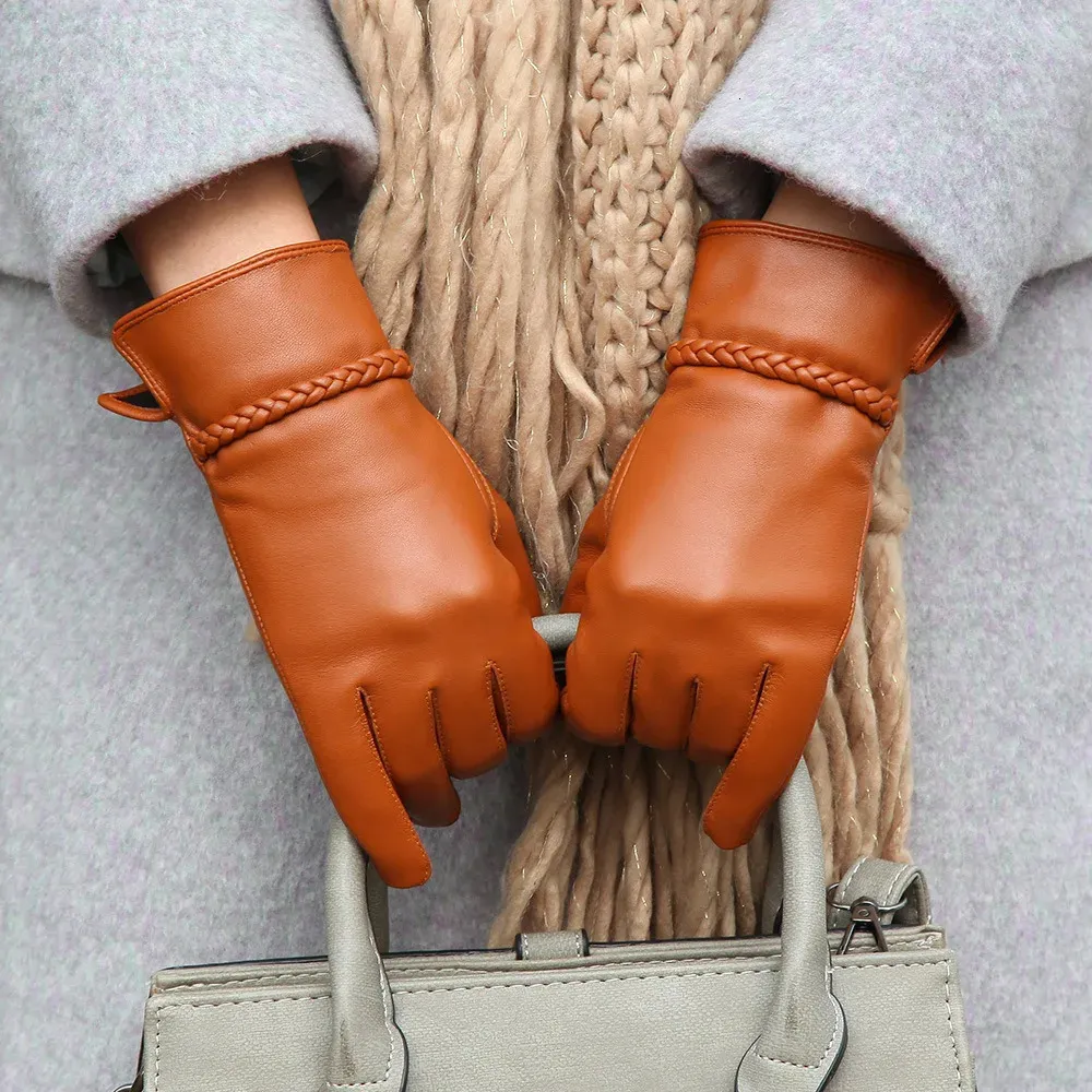 Womens Designer Gloves Elegant Lambskin Leather Gloves with Pleated Wrist  Detail, Fashionable Driving Gloves, XXL Size