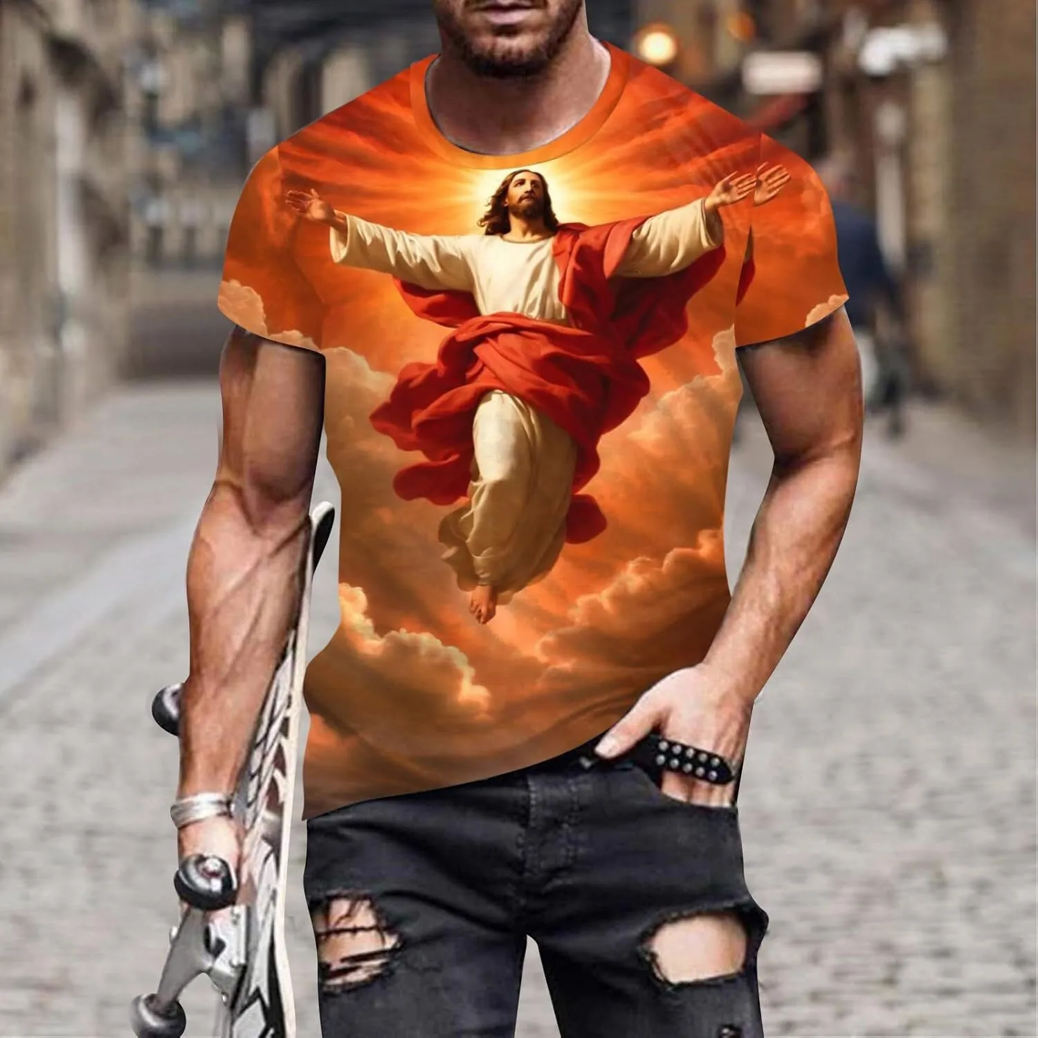 Men's 3D Muscle Print T-Shirt - Funny Novelty Summer Top, Regular Fit, Beige