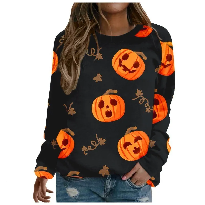 Sudadera De Halloween Para Mujer - Estampado De Fantasma Y Calabaza, Manga Larga, Cuello Redondo, Poliéster Suave