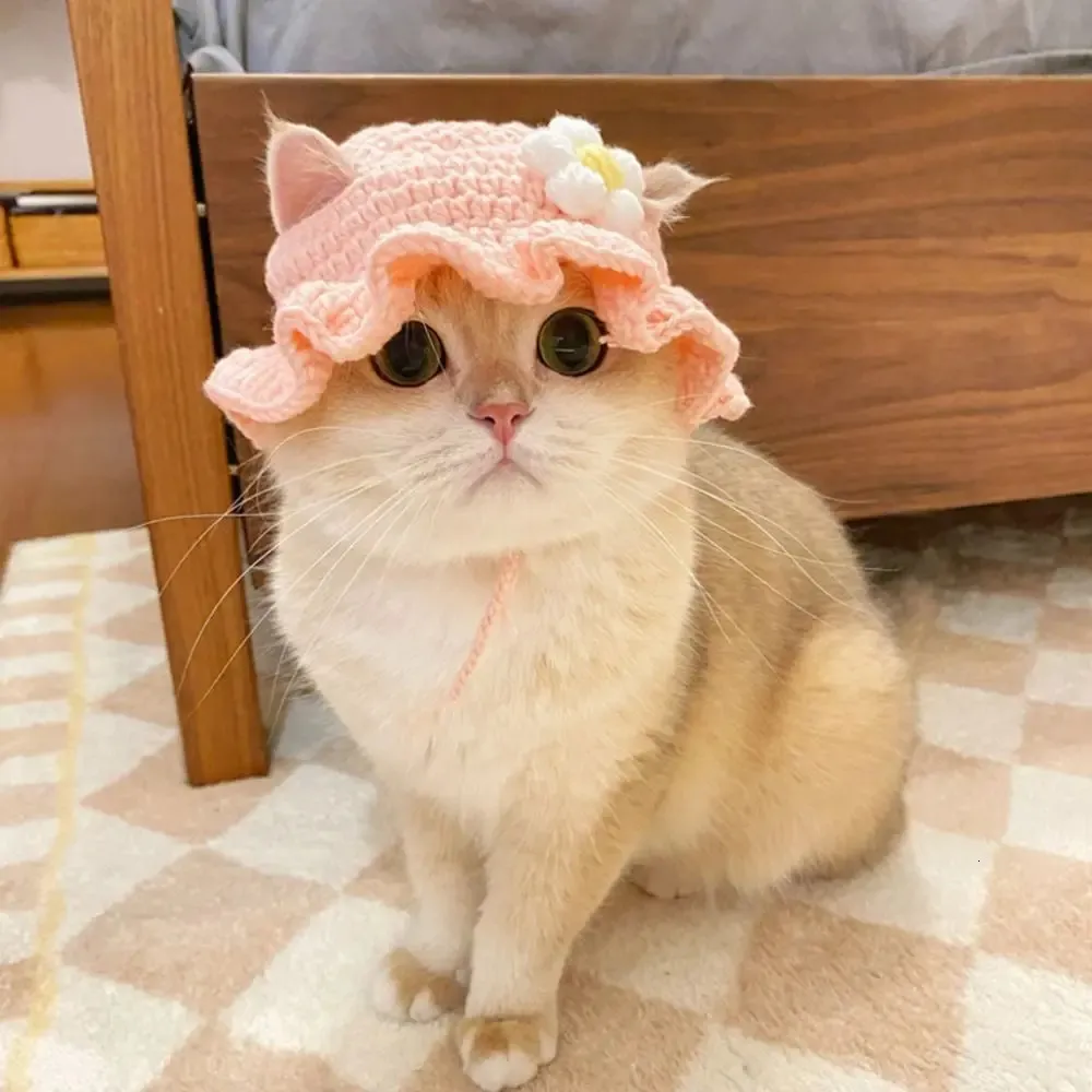 Knitted Flower Cat Hat for Puppy & Kitten - Cute Pet Photo