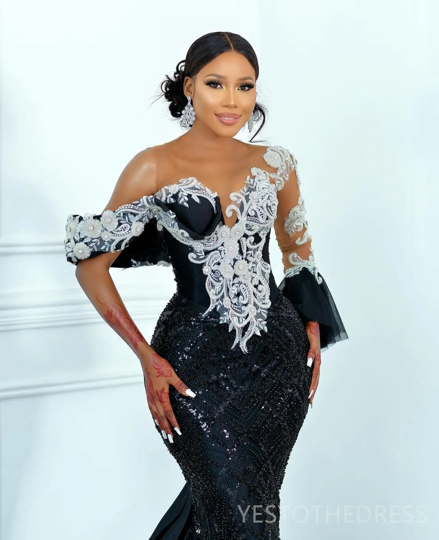 black and silver semi formal dress Luxury Feathers Black Half Sleeve Evening Dress SS339