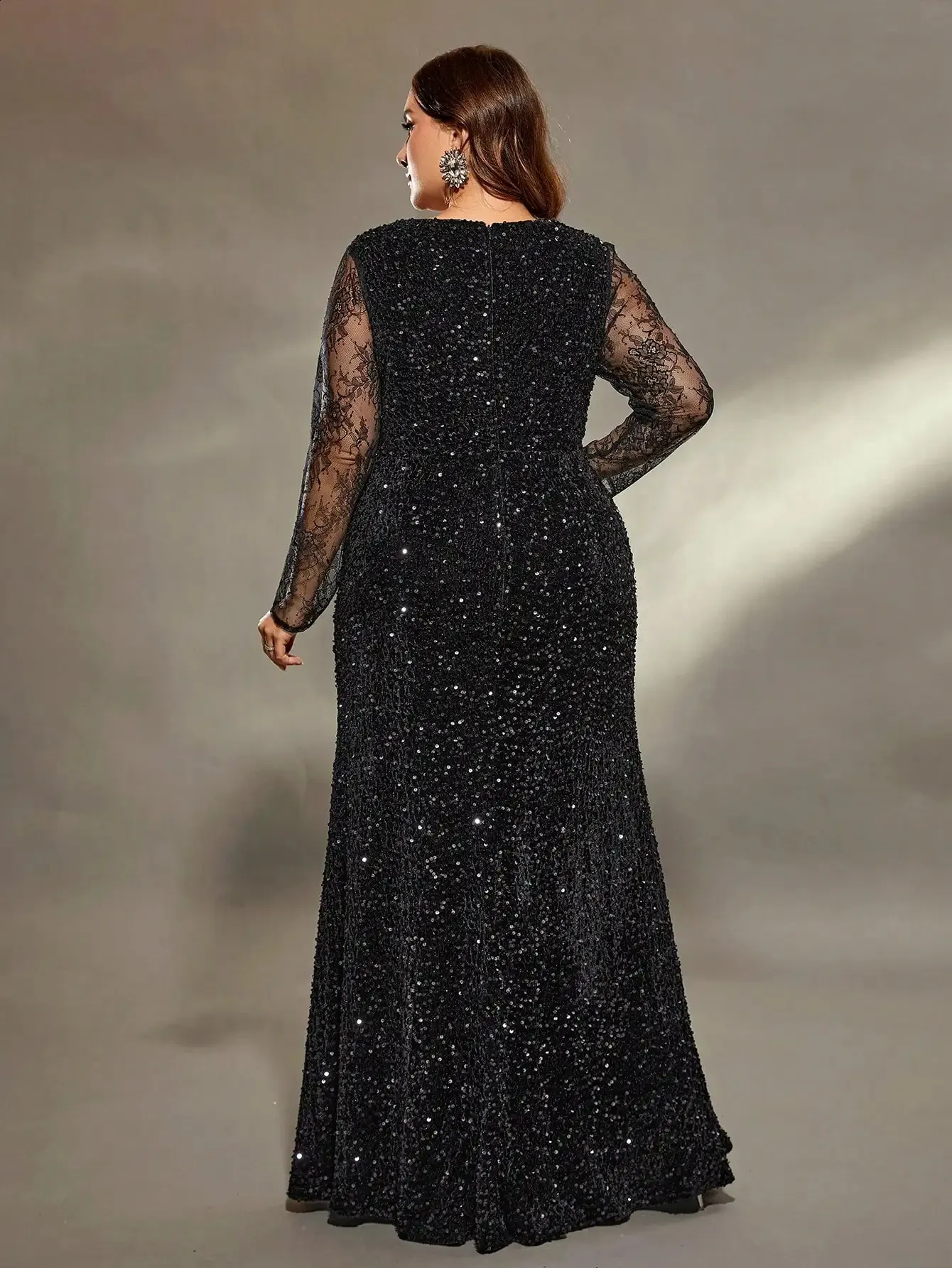 green emerald velvet dress Plus Szie Sequin Evening Maxi Dress with Illusion Neckline