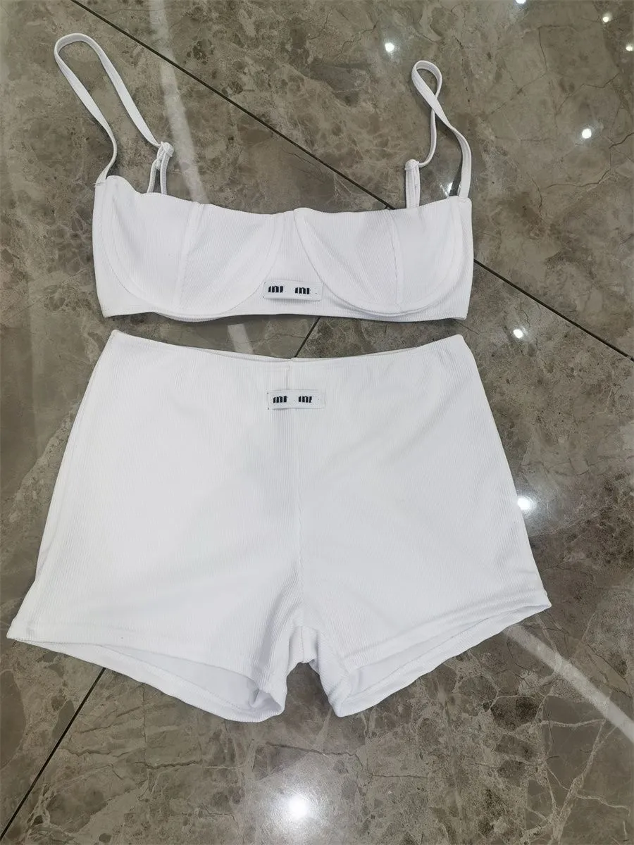 Two-piece lingerie set with applique plunge bra and shorts in natural ...