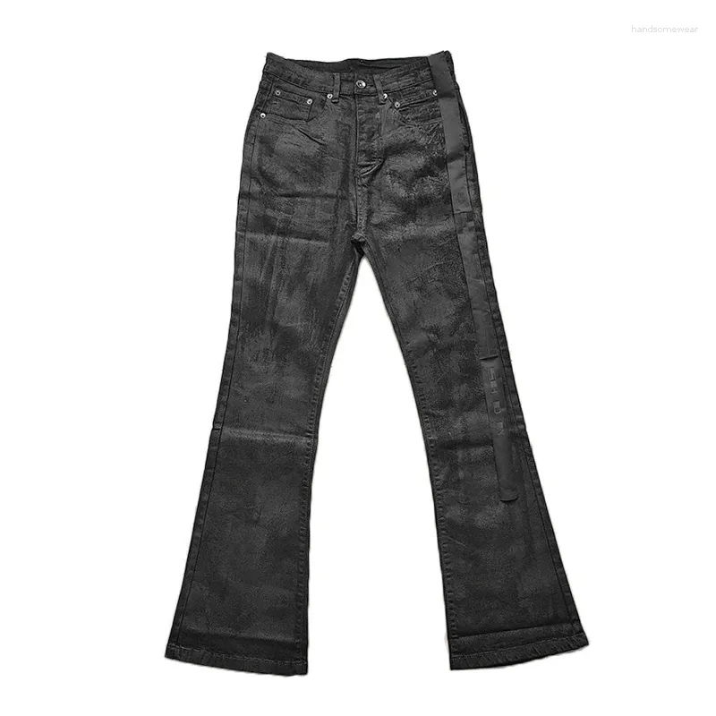 Mens Black Wax Coated Flared Jeans Stretchy Fitted... From