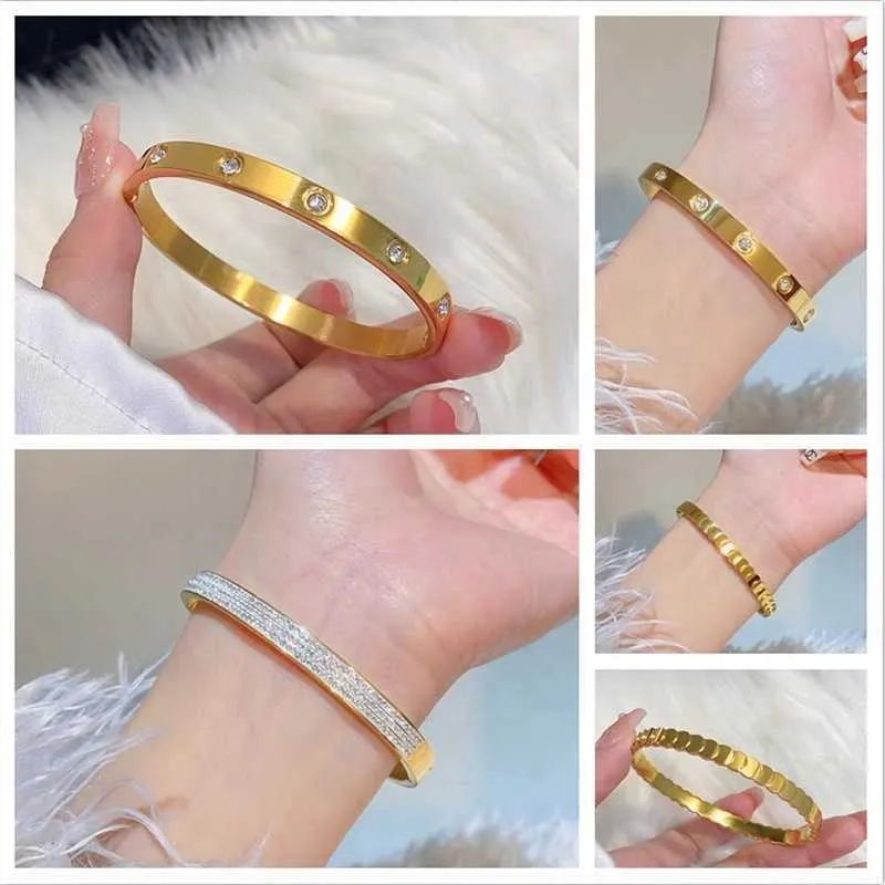 Gold Plated Zircon Titanium Steel Womens Bangle Bracelet