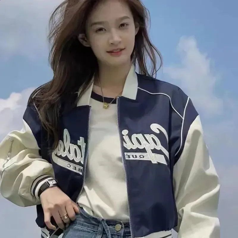 Women's Oversized Blue Denim Baseball Jacket Korean Streetwear Style,  Cropped Varsity Bomber
