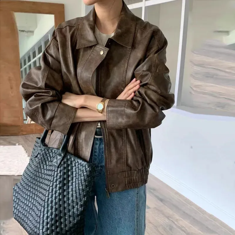 Ladies Black Motorcycle Jacket Retro Collar PU Leather Jacket