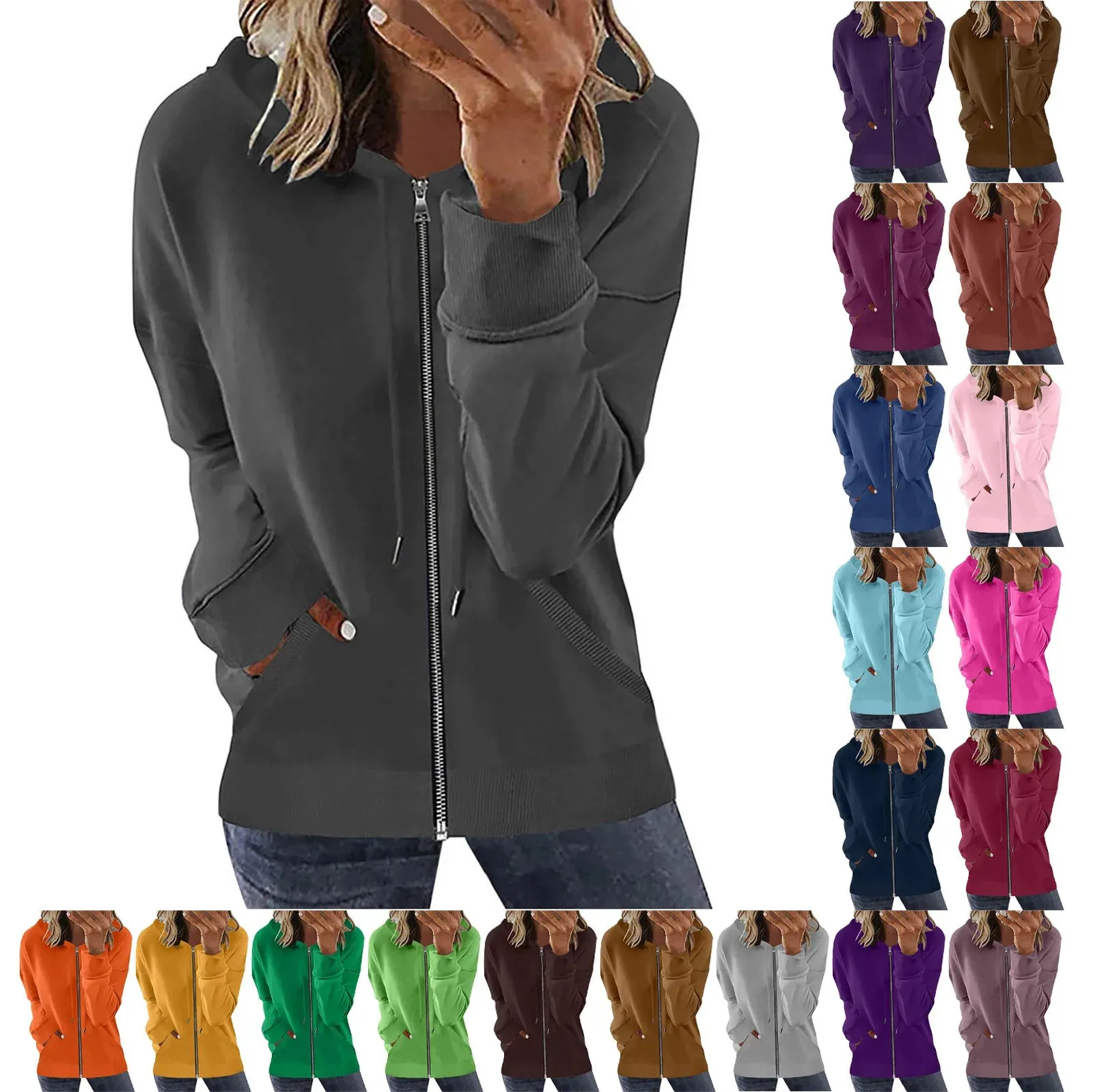 MAJECLO Women's Oversized Full-Zip Hoodie - Lightweight Long Sleeve Casual Jacket (Grey, Medium)