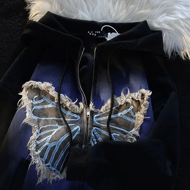 Y2K Retro Butterfly Patch Zipper Hoodie Trendy 2024 Harajuku Casual Sweatshirt
