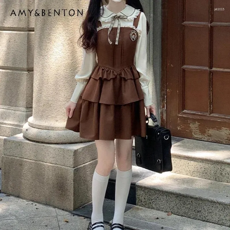 Work Dresses American College Style Autumn Long Sleeved Ruffled Collar Beige  Bow Shirt Top Brown A Line Dress for Women from Dhgate Work Dresses - price  139.21