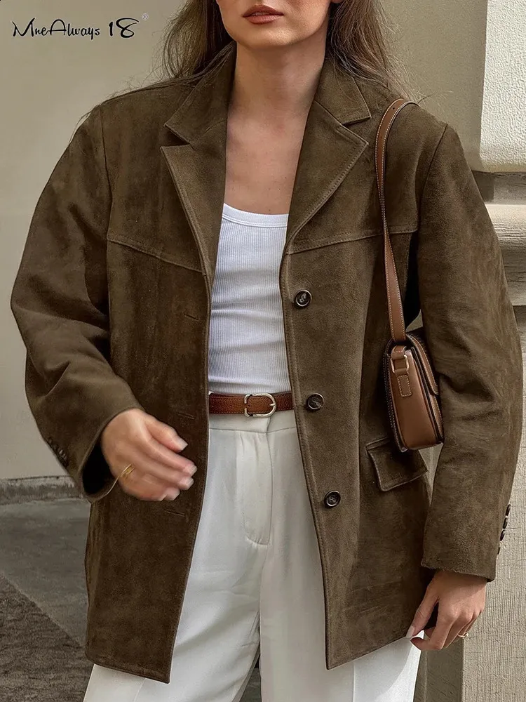 Frauen Vintage Brown Wildleder Blazer Übergroße, Lange Ärmel