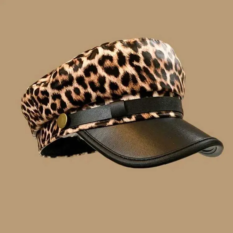 Leopard Pattern Military beret green for Women - Y2K Spring