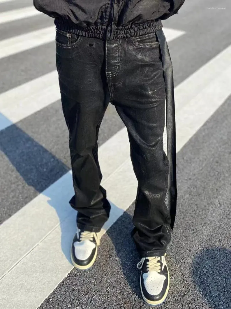 Mens Black Wax Coated Flared Jeans Stretchy Fitted... From