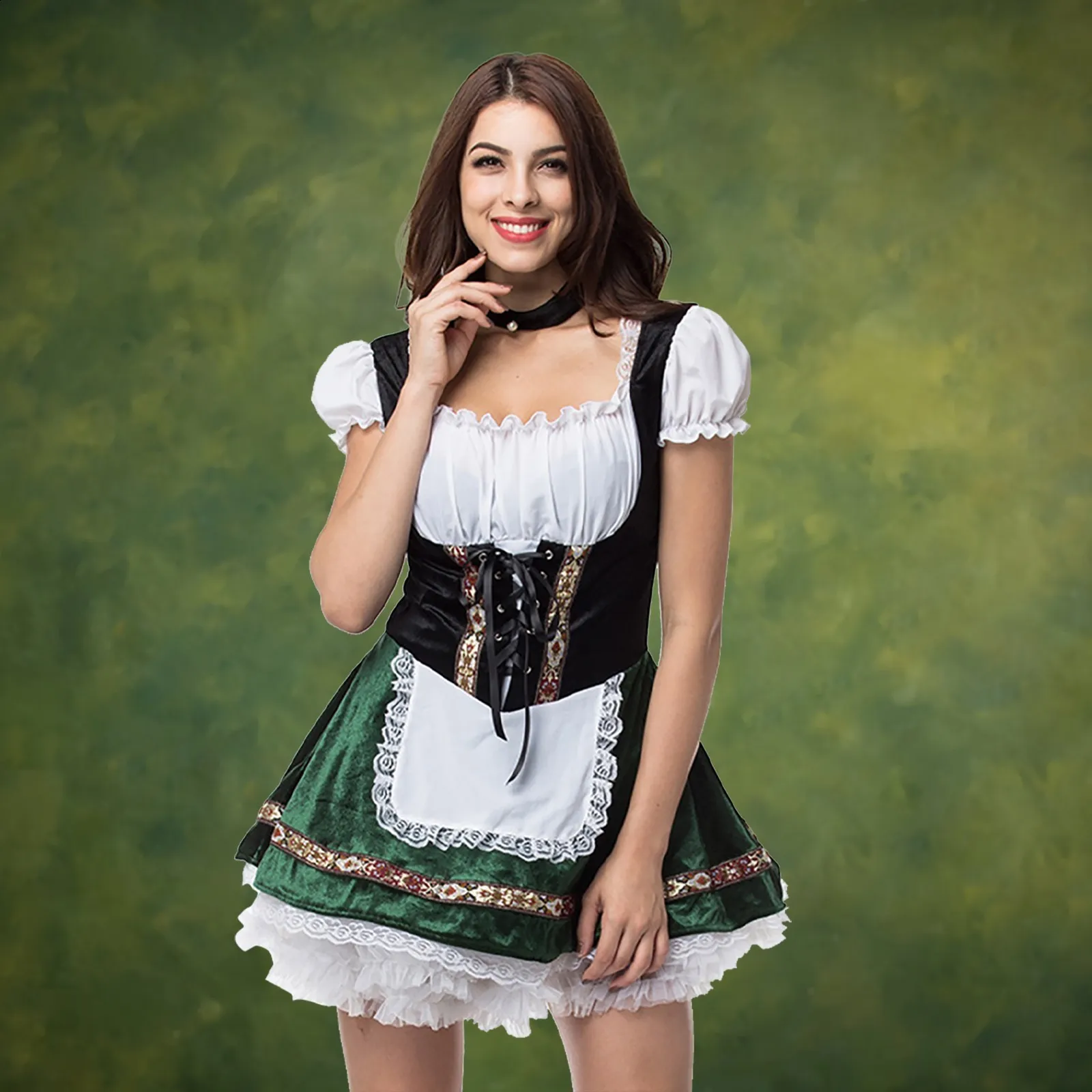 YesFashion Dirndl 3 Pièces Femme – Robe Traditionnelle Bavaroise Midi + Chemisier Dentelle Blanche + Tablier, Tenue Complète Fête De La Bière Oktoberfest
