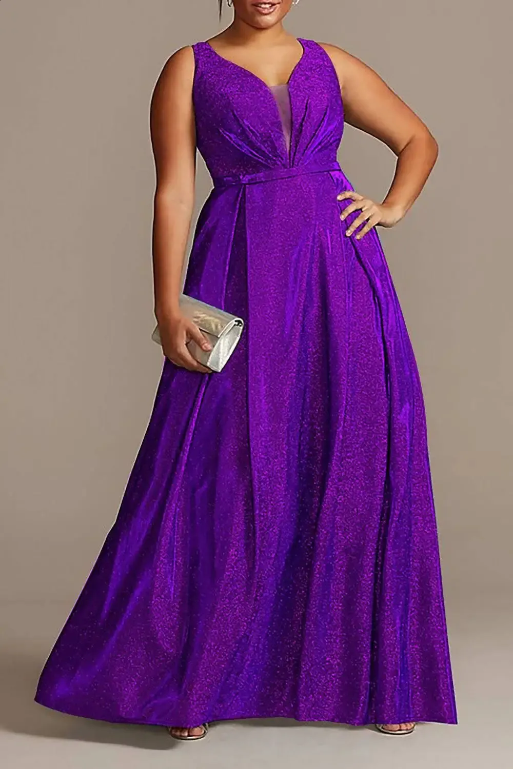 black plus size long formal dresses Plus-Size Long A-Line Prom Dress with Sequin Bodice Dusty Lavender / 18 main image 0