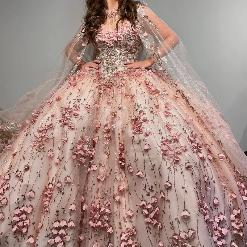 Luxo rosa doce 16 15 vestidos quinceanera vestido 3d floral applique cristal com capa bola saia feminina ocasião festa vestido de baile