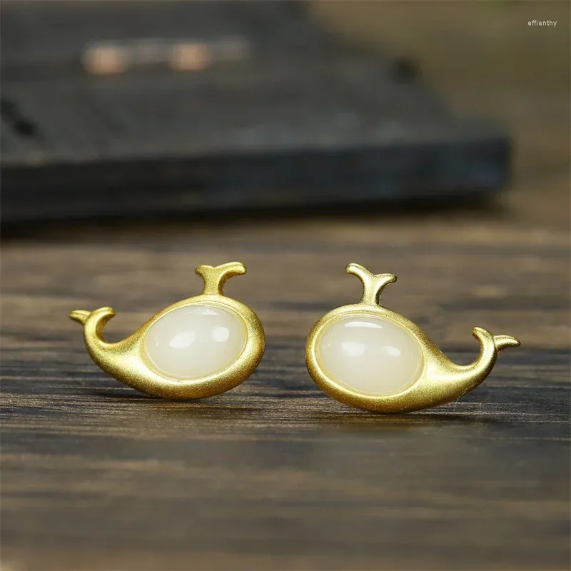 Boucles d'oreilles Dangle Vente Naturel Sculpté à la main Blanc Jade Dolphin 925 Argent Gufajin Incrusté Goujons Bijoux De Mode Femmes Chance Cadeaux1