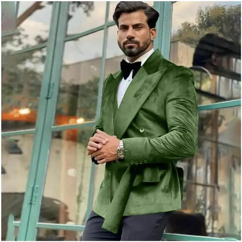Mens Green Velvet Suit: Slim Fit Wedding Tuxedo with Black Pants