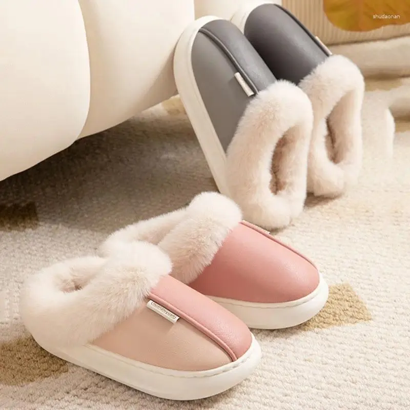 Slippers Women's Waterproof Flat Cotton 2024 Winter Thicken Plush Couple Home Pu Leather Non Slip House Shoes Woman