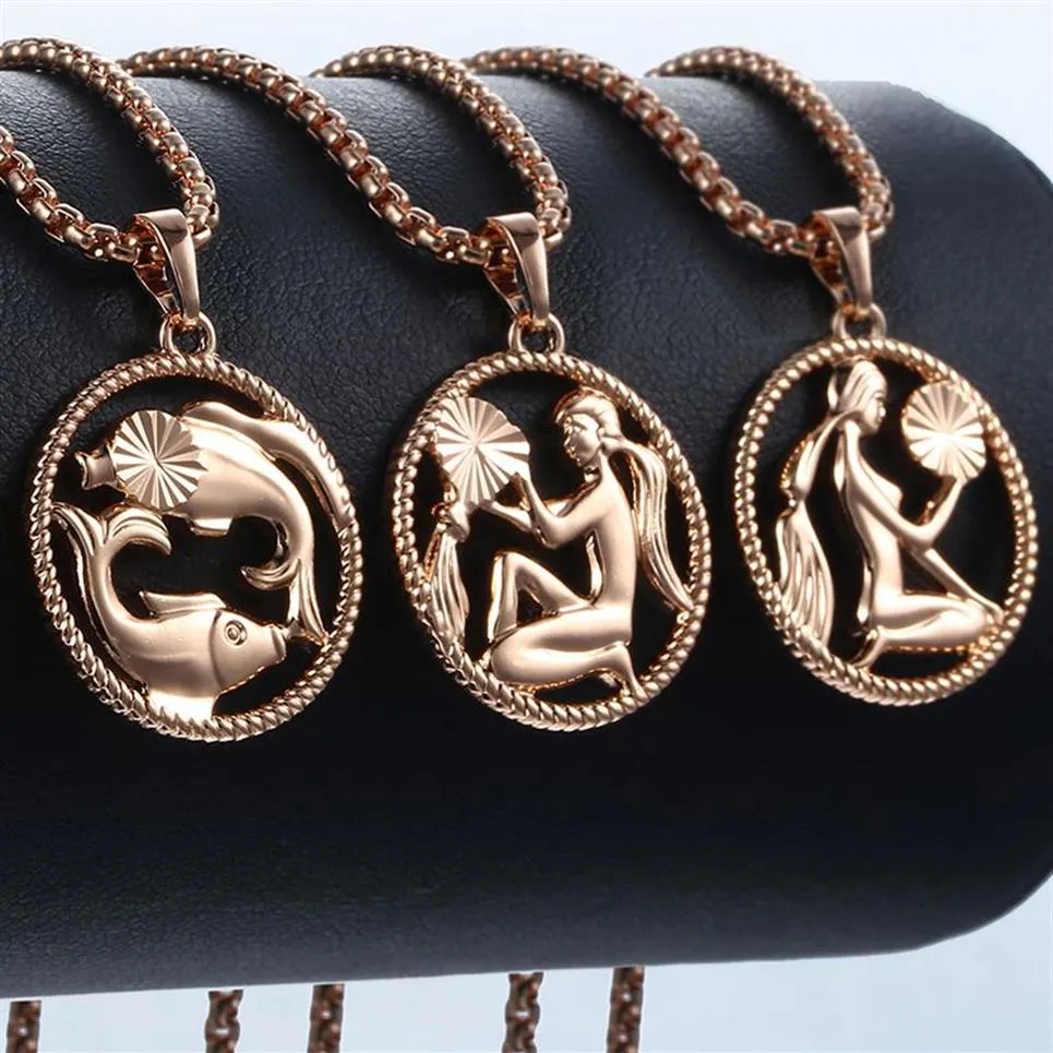Signo del zodiaco 12 Collar colgante de la constelación para mujeres hombres 585 Collar de mujer de oro rosa cadena de hombres Joyas de moda GPM21253F